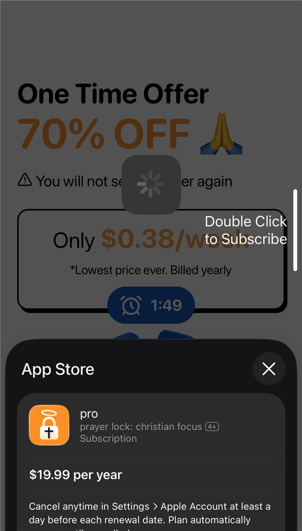 Apple's confirmation sheet for the discounted offer showing a 19.99 per year charge with no mention of a free trial