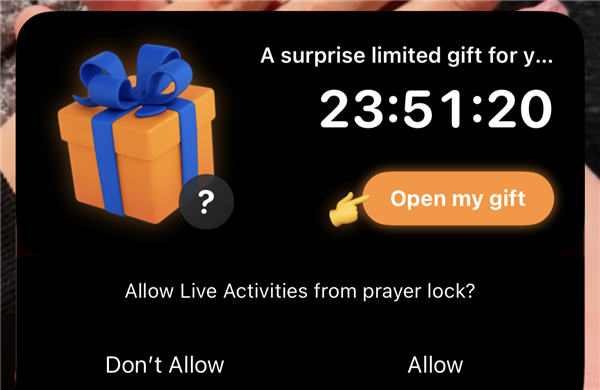 Lock screen Live Activity notification reading a surprise limited gift for you with a 24 hour countdown and an open my gift button