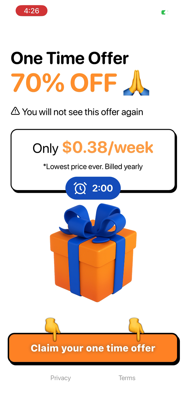PrayerLock one time offer screen showing 70% off with a warning it will not be shown again and a two minute countdown
