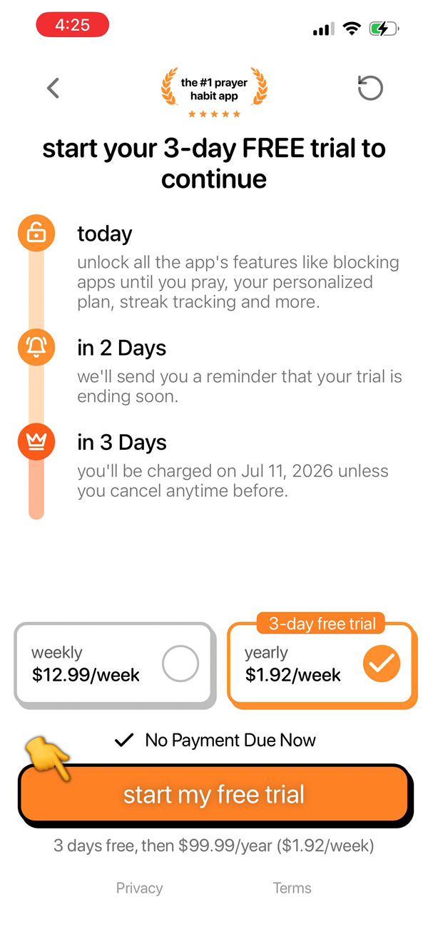 PrayerLock paywall screen showing weekly and yearly pricing options