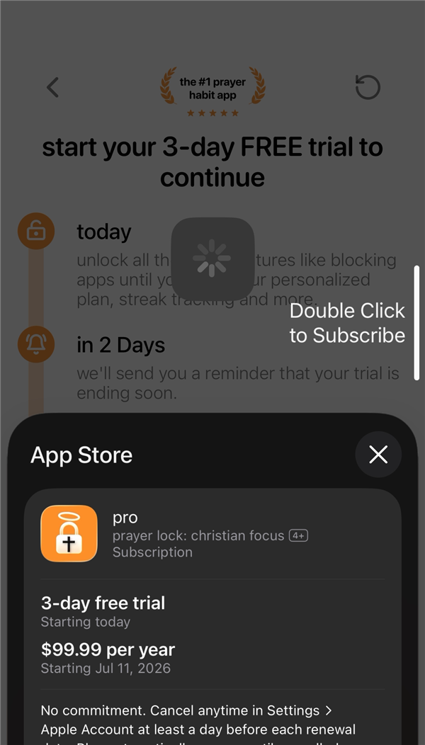 Apple's native purchase confirmation sheet showing a 3-day free trial and $99.99 per year charge